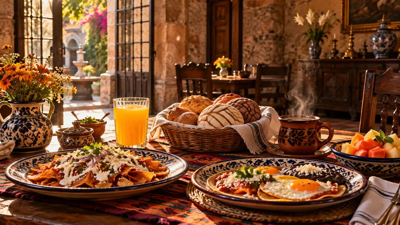 Illustration : un petit-déjeuner mexicain avec chilaquiles, huevos rancheros, conchas, fruits frais, jus d'orange et café de olla