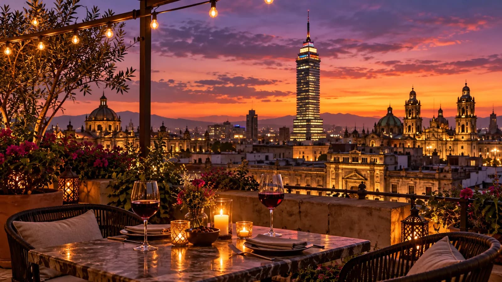 Ilustración: una mesa en una azotea con velas y dos copas de vino al anochecer, con la Torre Latinoamericana iluminada al fondo