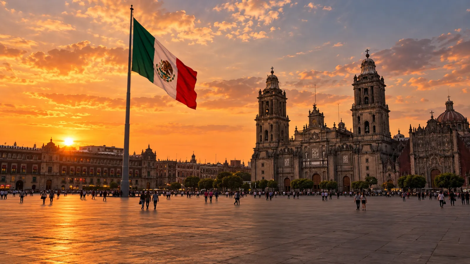 イラスト:夕暮れのソカロと巨大なメキシコ国旗、メトロポリタン大聖堂