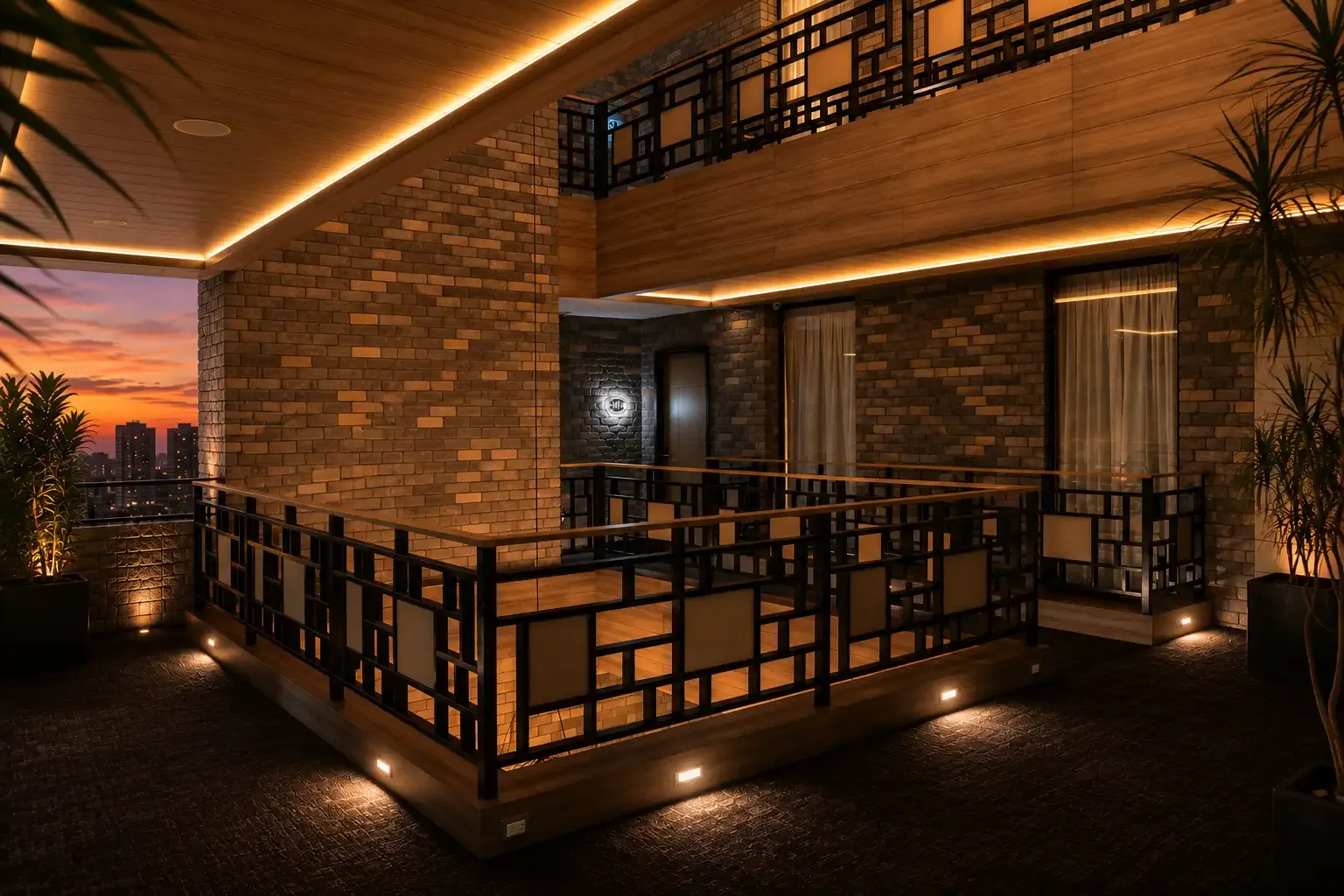 General view of the entrance of Hotel Punto MX, showcasing its Art Deco architecture and flooring.