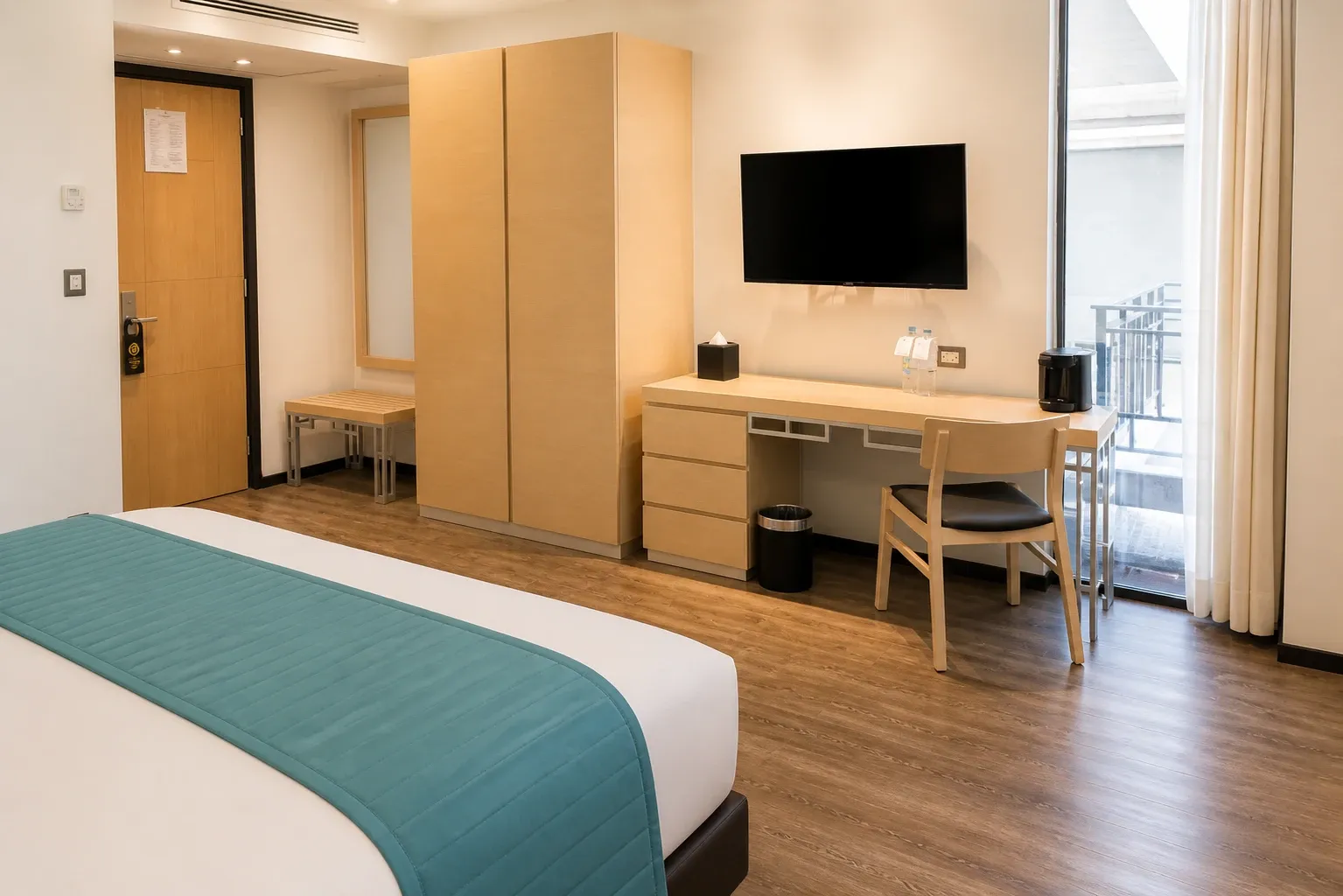 Habitación Junior Suite Interior con cama king size en el Hotel Punto MX. Se ve un escritorio de trabajo y una cafetera. También se ve una televisión.