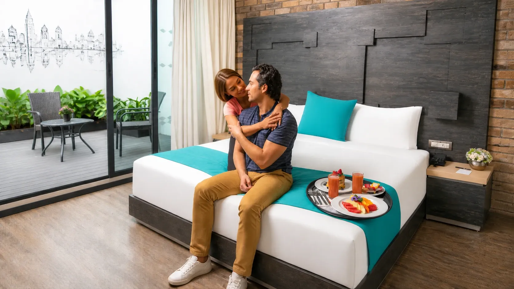 Pareja en la habitación Master Suite del Hotel Punto MX con una vista a la Ciudad de México. Tienen el desayuno en la cama.