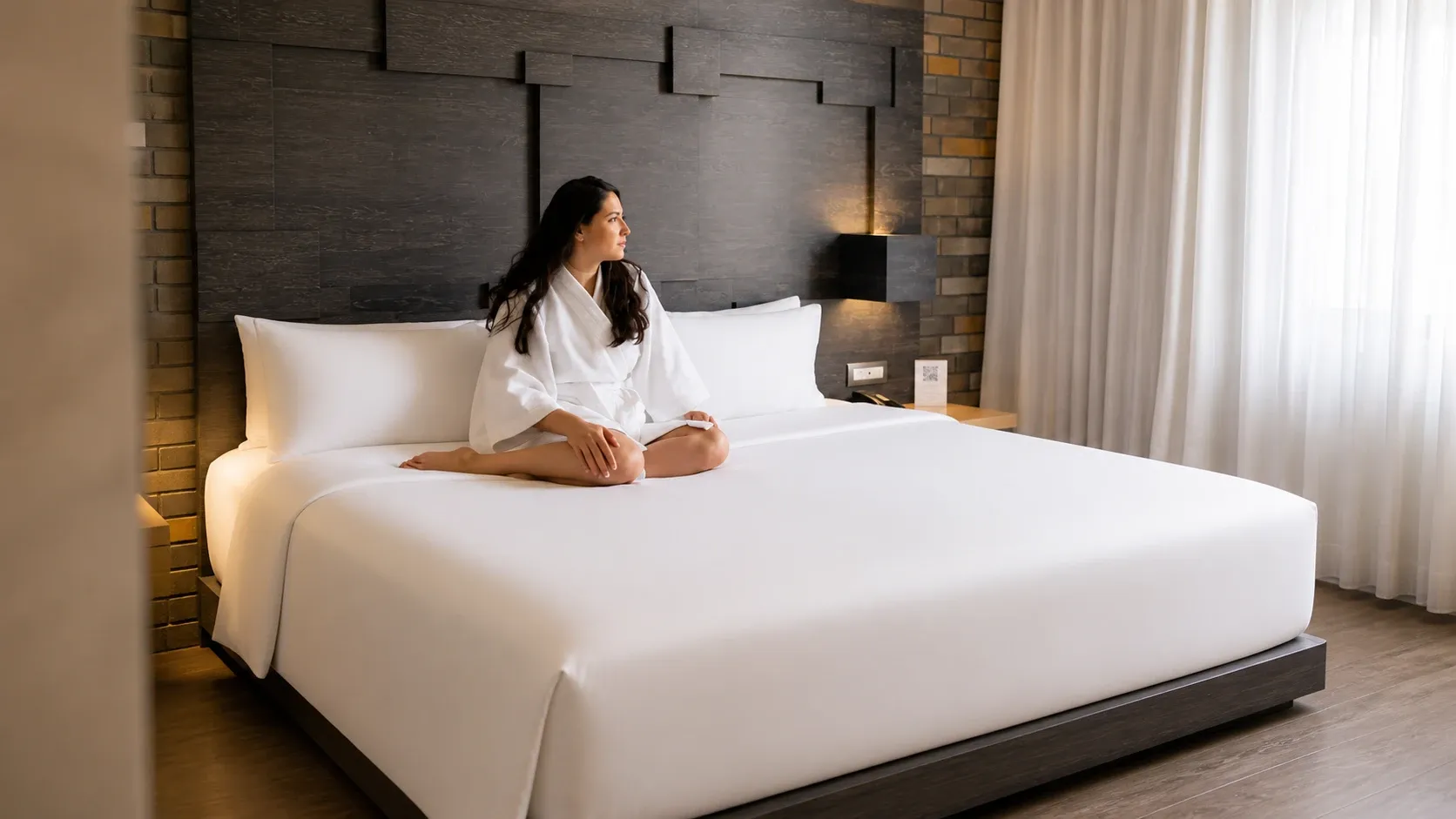 Jacuzzi Suite with king-size bed at Hotel Punto MX. A woman in a bathrobe is on the bed.