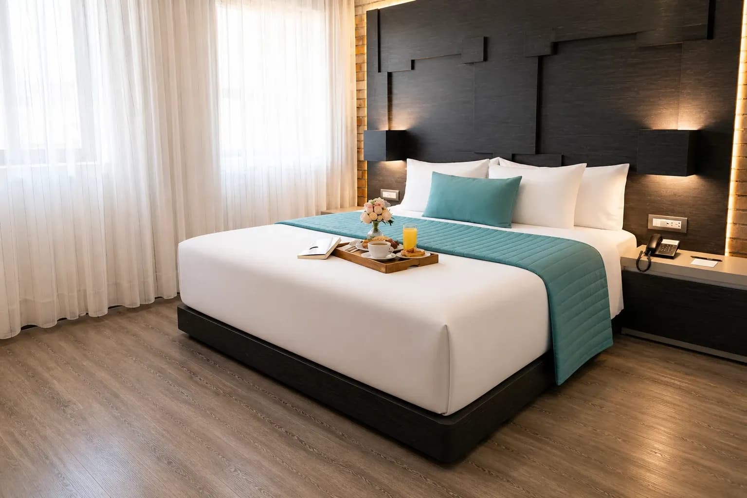 Jacuzzi Suite with king-size bed at Hotel Punto MX. A breakfast tray is on the bed.